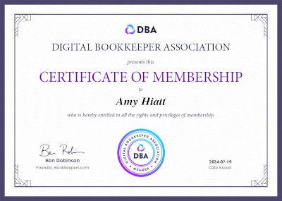 Digital Bookkeepers Association Certificate of Membership